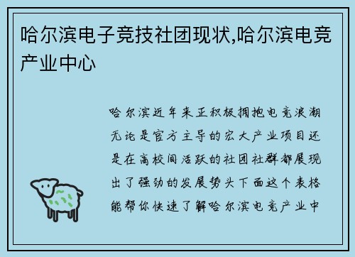 哈尔滨电子竞技社团现状,哈尔滨电竞产业中心